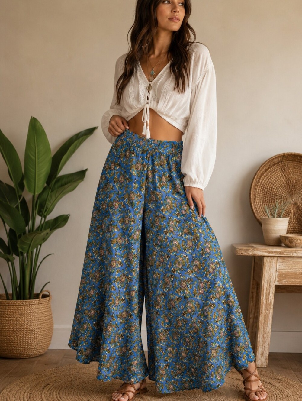 Blue Floral Wide-Leg Palazzo Pants with Elastic Waist
